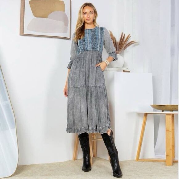 young threads Dresses & Skirts - Young Threads Denim Tiered Dress Size M Midi Lace Aari Embroidery Gray Blue NWT